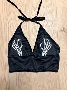 3/$20 Black Skeleton Hand Halter Crop Top Size Small Gothic Y2K Punk Grunge